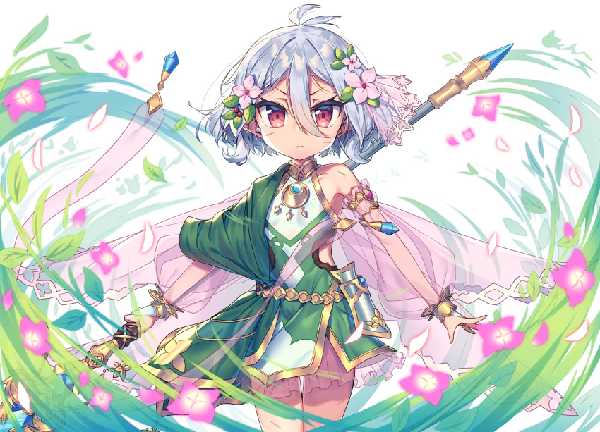 &gt;:( 1girl antenna_hair bangs bare_shoulders bridal_gauntlets bruise closed_mouth commentary_request dress flower green_dress hair_between_eyes hair_flower hair_ornament highres holding holding_weapon injury kokkoro_(princess_connect!) light_frown looking_at_viewer petals pink_flower princess_connect! princess_connect!_re:dive red_eyes see-through silver_hair sleeveless sleeveless_dress solo standing v-shaped_eyebrows wagashi928 weapon