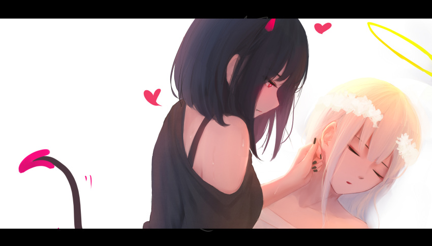 2girls absurdres bare_shoulders black_hair black_nails black_shirt blonde_hair commentary demon_tail halo highres horns long_hair looking_at_another medium_hair multiple_girls original red_eyes shimmer shirt simple_background sleeping tail white_background yuri
