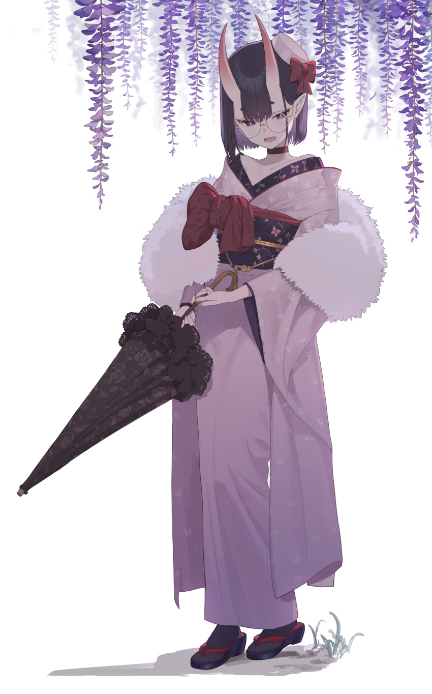 1girl absurdres alternate_costume bespectacled black_umbrella bob_cut doremi eyeliner fate/grand_order fate_(series) full_body furisode glasses highres holding holding_umbrella horns japanese_clothes kimono makeup obi oni oni_horns pointy_ears purple_hair sash short_eyebrows short_hair shuten_douji_(fate/grand_order) skin-covered_horns solo tabi umbrella violet_eyes white_kimono wide_sleeves zouri