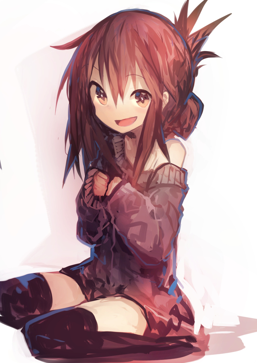 1girl absurdres alternate_costume bangs brown_eyes brown_hair folded_ponytail hair_between_eyes highres inazuma_(kantai_collection) kaamin_(mariarose753) kantai_collection long_hair looking_at_viewer off_shoulder open_mouth sidelocks sitting smile solo sweater thigh-highs wariza white_background