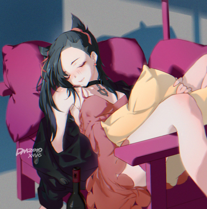 1girl alcohol artist_name asymmetrical_bangs bangs bare_legs black_hair black_jacket blush breasts chain choker closed_eyes couch damiaoermiao dress earrings hair_flaps hair_ribbon indoors jacket jewelry light lips lying mary_(pokemon) medium_breasts medium_hair off_shoulder on_back pillow pink_dress pokemon pokemon_(game) pokemon_swsh ribbon shadow sleeping solo spaghetti_strap swept_bangs thighs twintails