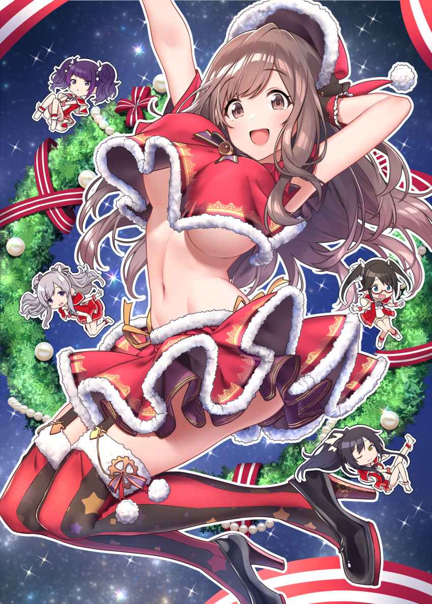 1girl :d armpit_peek arms_up baffu bare_arms bauble beads bell black_footwear blush bow bowtie breasts brown_eyes brown_hair christmas commentary_request covered_nipples crop_top crop_top_overhang fur_trim groin hat high_heels highres idolmaster idolmaster_shiny_colors large_breasts long_hair looking_at_viewer midriff miniskirt mitsumine_yuika navel open_mouth pom_pom_(clothes) red_headwear red_legwear red_ribbon red_skirt ribbon santa_costume santa_hat shirase_sakuya short_sleeves skirt sky smile solo sparkle star_(sky) starry_sky stomach striped striped_legwear tanaka_mamimi thigh-highs tsukioka_kogane under_boob wreath wrist_cuffs yuukoku_kiriko
