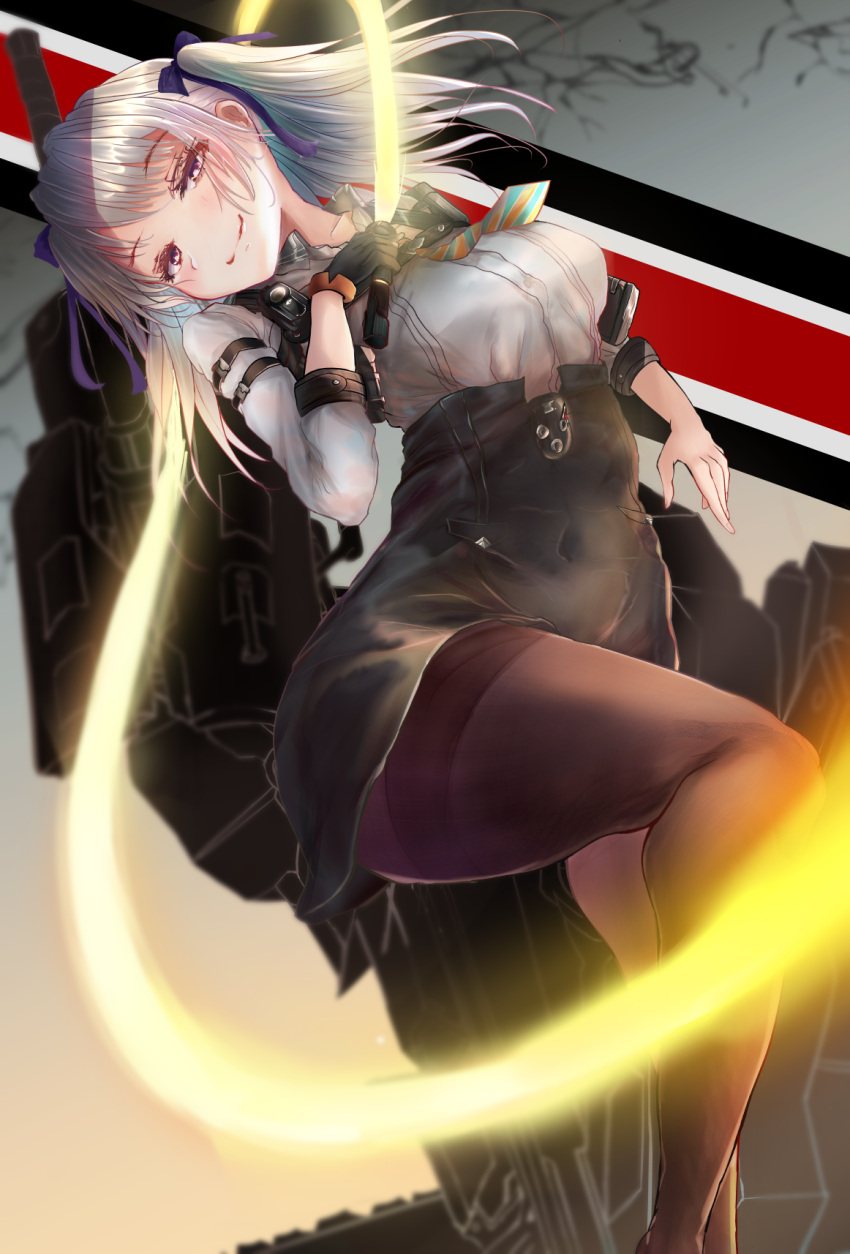 1girl ash_arms bangs black_gloves black_legwear black_skirt blurry blurry_foreground closed_mouth collared_shirt commentary_request covered_navel depth_of_field energy_whip gloves grey_eyes half-closed_eyes head_tilt high-waist_skirt highres holding_whip leg_up legs long_sleeves looking_at_viewer miniskirt pantyhose panzer_ii_(ash_arms) shirt silver_hair single_glove skirt smile solo takei_(jamfusion) two_side_up white_shirt
