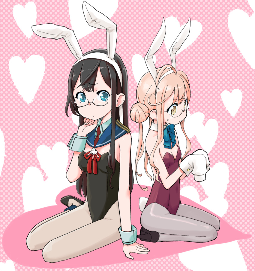 2girls ahoge animal_ears arm_support black_leotard blue_eyes bow bowtie bunny_girl bunny_tail bunnysuit detached_collar fake_animal_ears glasses hair_bun hand_on_own_chin heart kantai_collection leotard makigumo_(kantai_collection) multiple_girls ooyodo_(kantai_collection) pantyhose pink_background rabbit_ears red_leotard sitting sleeves_past_fingers sleeves_past_wrists strapless strapless_leotard suzushiro_seri sweatdrop tail wrist_cuffs yellow_eyes yokozuwari