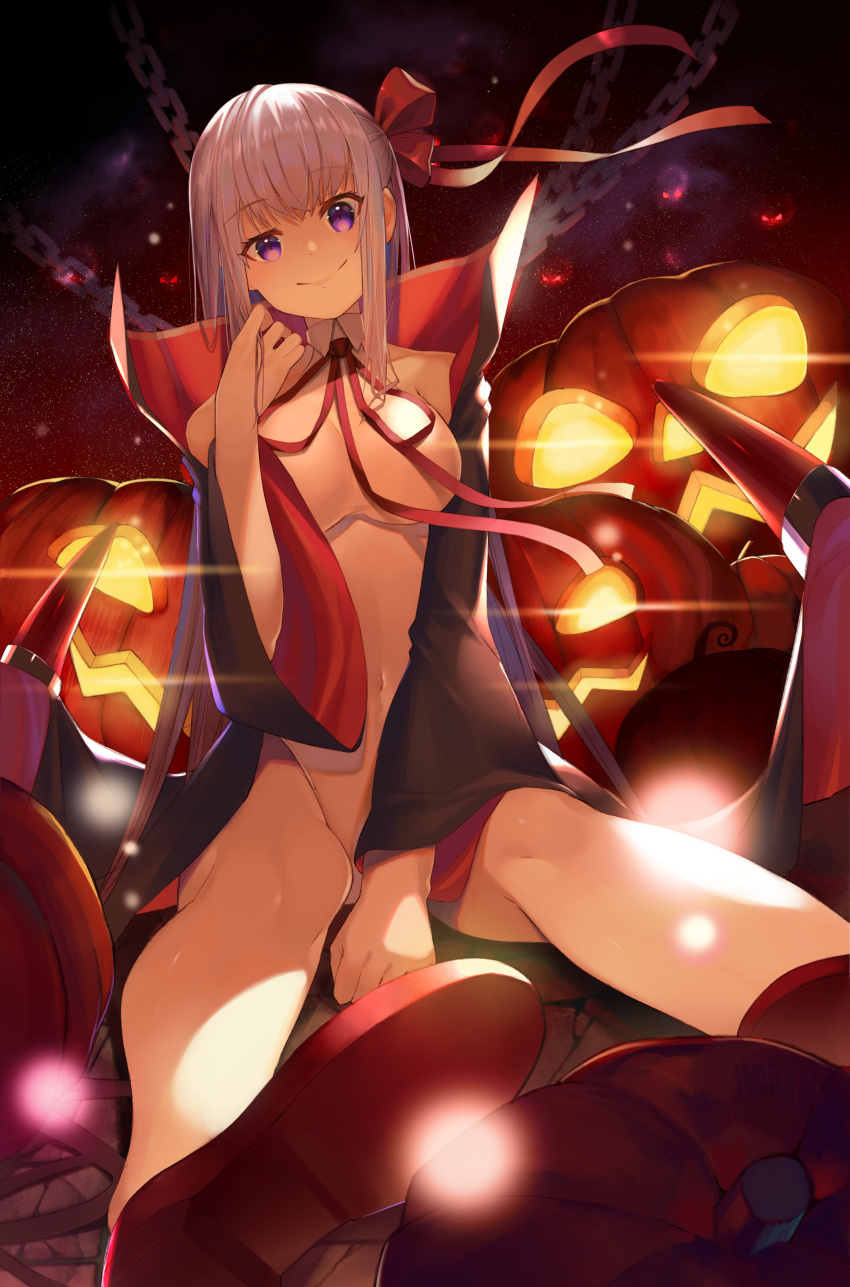 1girl absurdres bare_arms bare_legs bb_(fate)_(all) bb_(swimsuit_mooncancer)_(fate) between_legs black_coat fate/grand_order fate_(series) hair_ribbon hand_between_legs hand_in_hair high_heels highres leotard long_hair looking_at_viewer navel neck_ribbon pumpkin purple_hair purple_ribbon ribbon sitting smile swimsuit ugusu24 violet_eyes