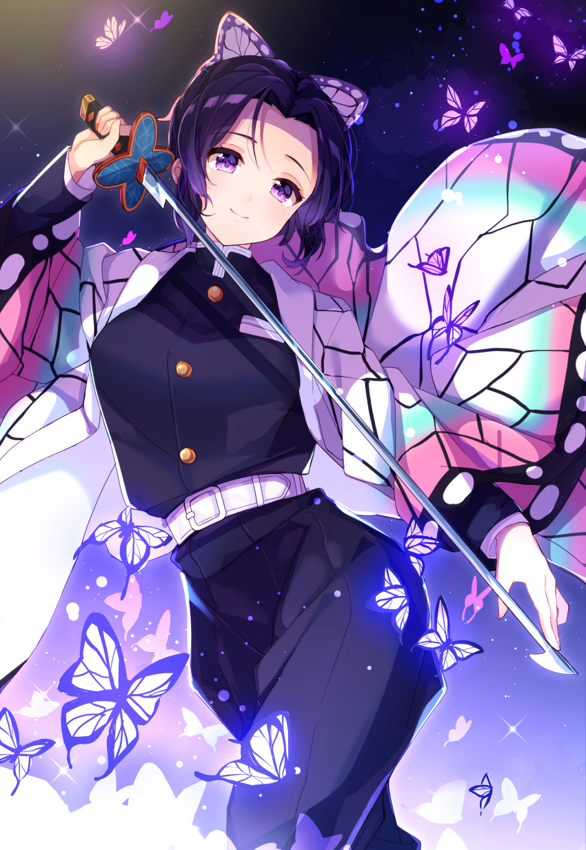 1girl absurdres animal bangs belt belt_buckle black_jacket black_pants blush breasts buckle bug butterfly butterfly_hair_ornament closed_mouth commentary_request forehead goroo_(eneosu) hair_ornament hand_up highres holding holding_sword holding_weapon insect jacket japanese_clothes katana kimetsu_no_yaiba kochou_shinobu long_sleeves medium_breasts open_clothes pants parted_bangs purple_hair sidelocks smile solo sword violet_eyes weapon white_belt wide_sleeves