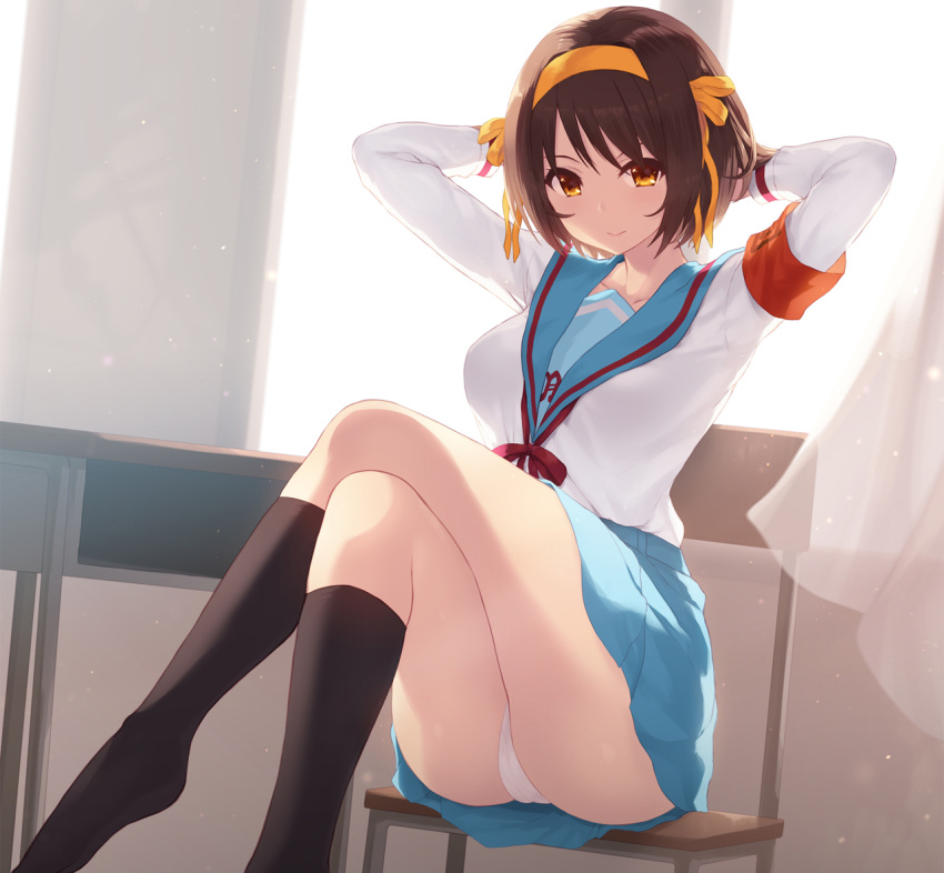 1girl armband arms_behind_head arms_up backlighting bangs black_legwear blue_sailor_collar blue_skirt breasts brown_eyes brown_hair cait chair closed_mouth commentary_request crossed_legs curtains feet_out_of_frame hair_ribbon hairband indoors kita_high_school_uniform kneehighs light_smile long_sleeves medium_breasts no_shoes on_chair panties pleated_skirt ribbon sailor_collar school_uniform serafuku shirt sitting skirt solo suzumiya_haruhi suzumiya_haruhi_no_yuuutsu table underwear white_panties white_shirt window yellow_hairband yellow_ribbon