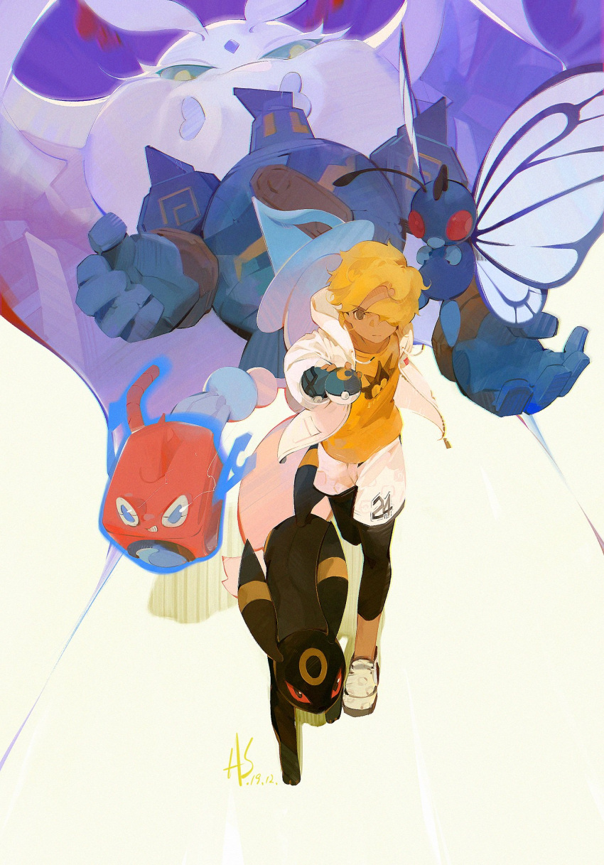 1boy a-shacho black_legwear blonde_hair brown_eyes butterfree character_request chromatic_aberration closed_mouth commentary_request dark_skin dark_skinned_male dated gen_1_pokemon gen_2_pokemon gen_4_pokemon gen_5_pokemon golurk highres holding holding_poke_ball hood hood_down jacket leggings masaru_(pokemon) open_clothes open_jacket orange_shirt poke_ball pokemon pokemon_(creature) pokemon_(game) pokemon_swsh rotom running shirt shorts signature sportswear umbreon white_jacket white_shorts