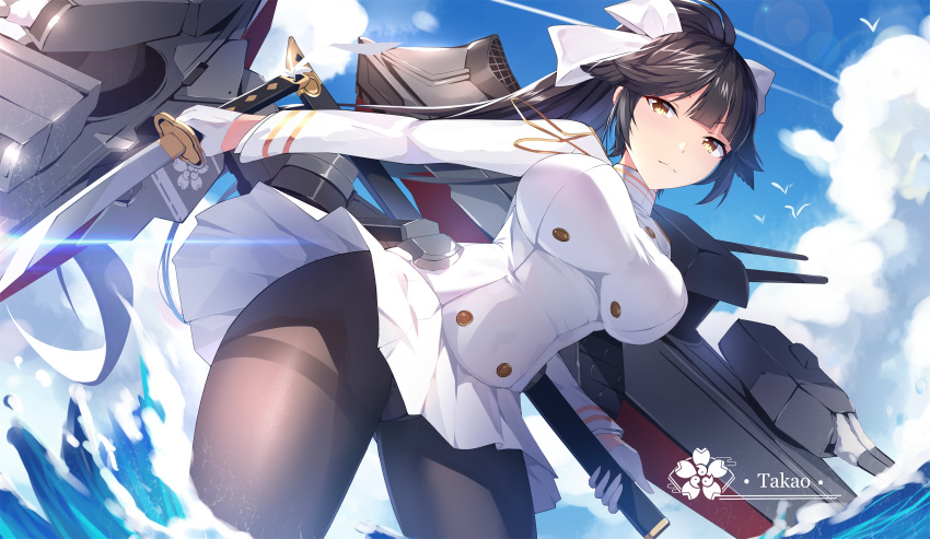 1girl aiguillette animal_ears azur_lane bangs bird black_hair black_legwear blunt_bangs bow breasts character_name clouds commentary_request cowboy_shot day dog_ears double-breasted dutch_angle extra_ears eyebrows_visible_through_hair feng_mouren from_below glint gloves hair_bow hair_ears hair_flaps half_gloves highres holding holding_sheath holding_sword holding_weapon large_breasts lens_flare long_hair looking_at_viewer military military_uniform miniskirt ocean panties panties_under_pantyhose pantyhose pantyshot pantyshot_(standing) pleated_skirt ponytail ribbon rigging sheath shirt skirt sky solo standing sword takao_(azur_lane) thighband_pantyhose underwear uniform unsheathed wading water weapon white_bow white_gloves white_ribbon white_shirt white_skirt wind wind_lift yellow_eyes
