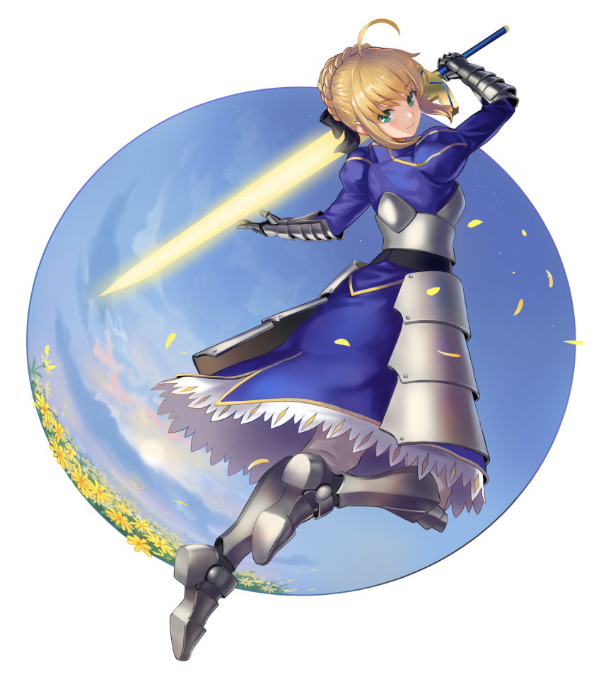 1girl ahoge armor armored_dress artoria_pendragon_(all) black_ribbon blonde_hair braid commentary_request dress excalibur fate/stay_night fate_(series) gauntlets green_eyes hair_ribbon highres hirono_(hxze4434) holding holding_sword holding_weapon ribbon saber short_hair solo sword weapon