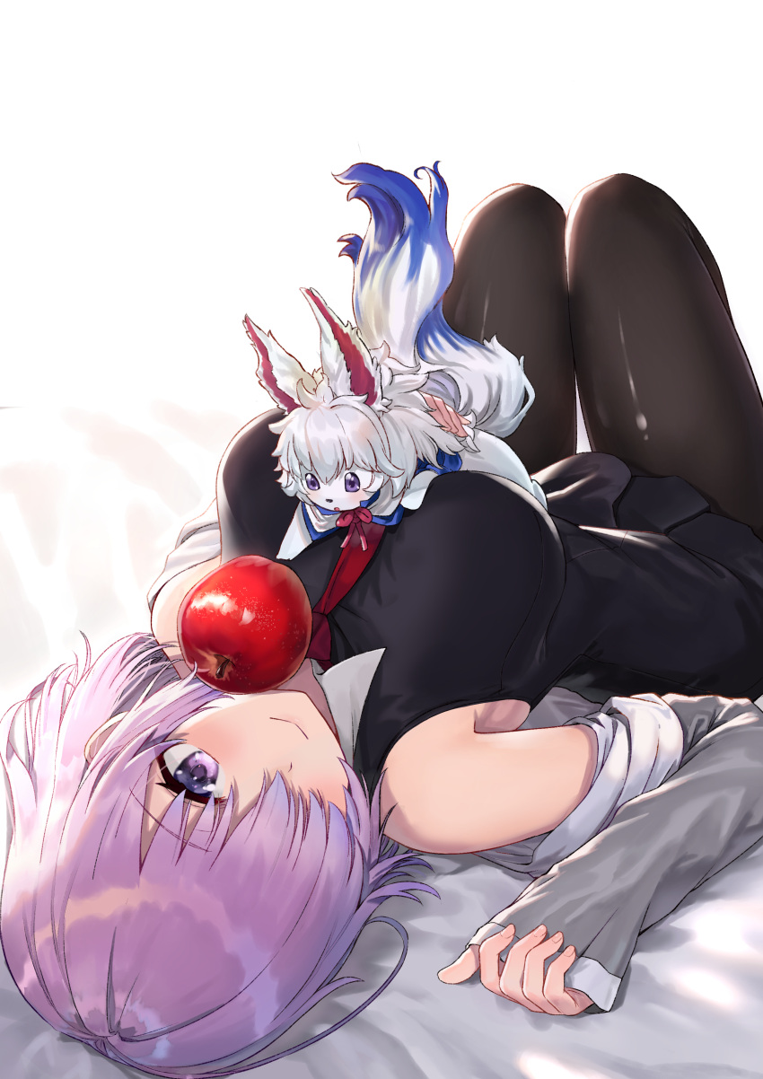 1girl absurdres apple bare_shoulders bed_sheet between_breasts black_dress black_legwear breasts closed_mouth commentary_request creature dress eyebrows_visible_through_hair fate/grand_order fate_(series) food fou_(fate/grand_order) from_behind fruit grey_jacket hair_over_one_eye highres jacket jjeono knees_up large_breasts long_sleeves looking_at_viewer looking_back lying mash_kyrielight necktie off_shoulder on_back open_clothes open_jacket pantyhose pink_hair red_neckwear short_hair sleeves_past_wrists smile thigh_gap violet_eyes