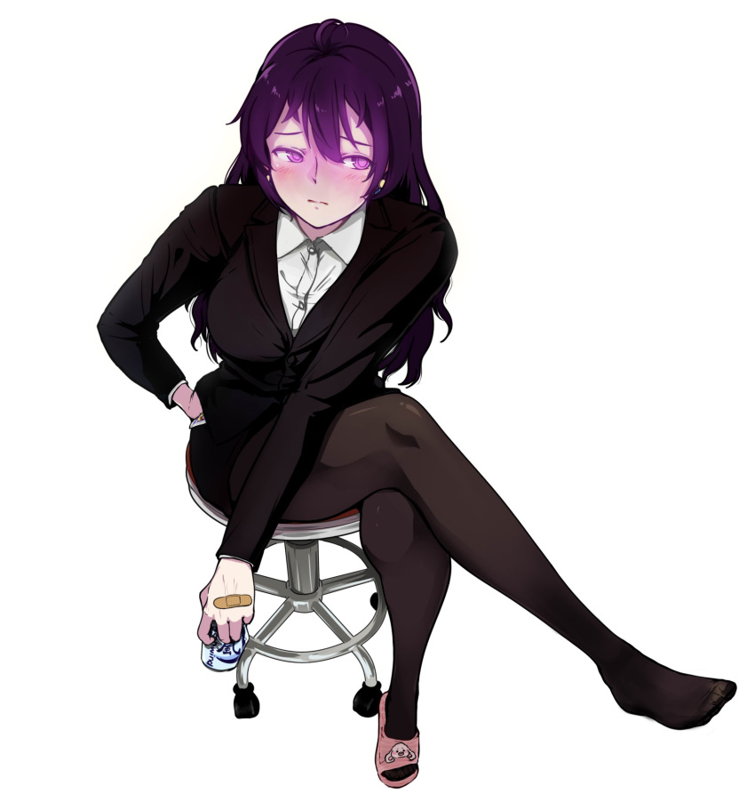 ahoge bandaid beifeng_han black_jacket black_legwear blush breasts chinese_commentary crossed_legs full_body hand_in_pocket highres jacket large_breasts long_hair looking_to_the_side miyaura_sanshio no_shoes office_lady original pantyhose pencil_skirt purple_hair shirt simple_background skirt swivel_chair violet_eyes white_background white_shirt