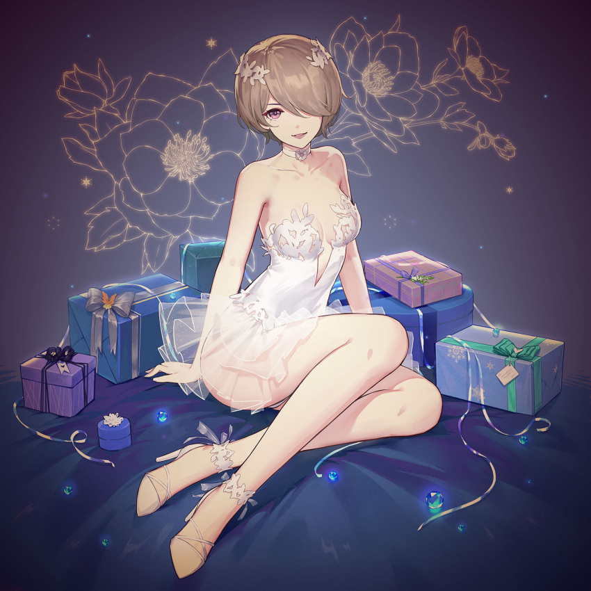 1girl bare_legs bare_shoulders box breasts brown_hair choker dress fogriver full_body gift gift_box hair_ornament hair_over_one_eye high_heels highres honkai_(series) honkai_impact_3rd lips looking_at_viewer medium_breasts mole mole_under_eye parted_lips pink_eyes rita_rossweisse short_hair sitting smile solo white_dress yokozuwari