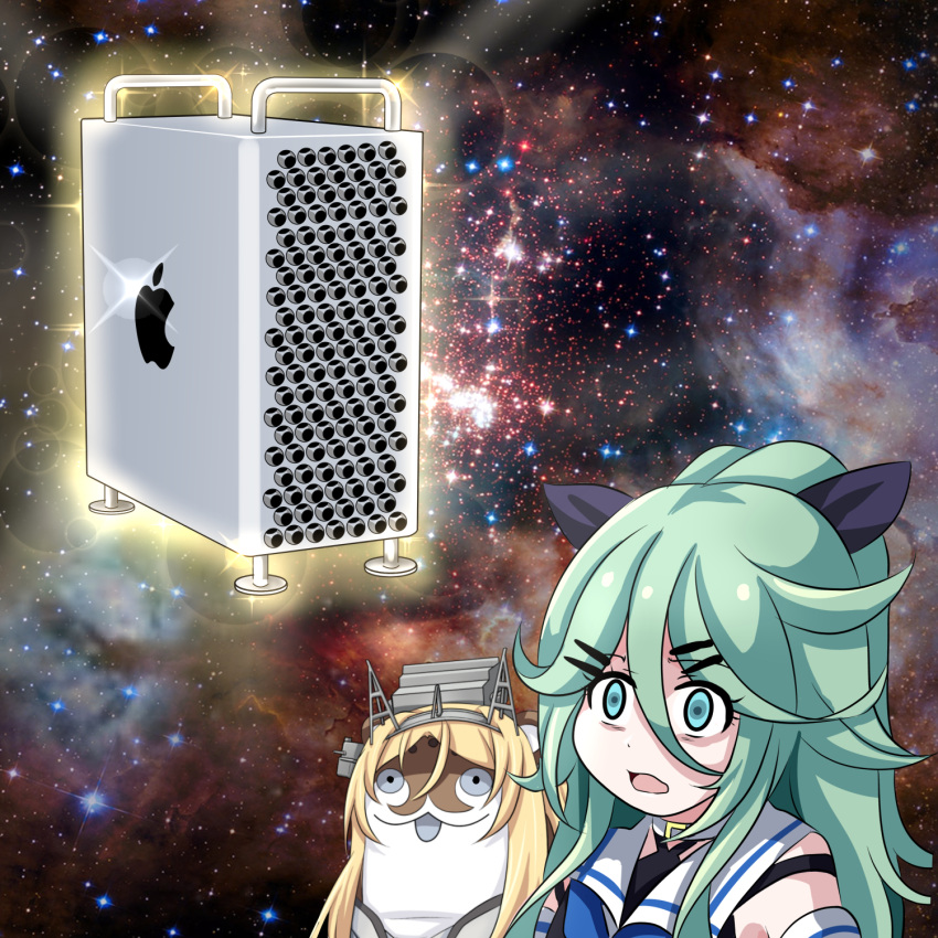 1girl 1other apple_inc. black_ribbon blonde_hair bokukawauso galaxy green_eyes green_hair hair_between_eyes hair_flaps hair_ornament hair_ribbon hairclip highres kantai_collection long_hair macintosh macpro meme nelson_(kantai_collection) open_mouth otter ribbon sailor_collar sidelocks space space_cat_(meme) star_(sky) tk8d32 yamakaze_(kantai_collection)