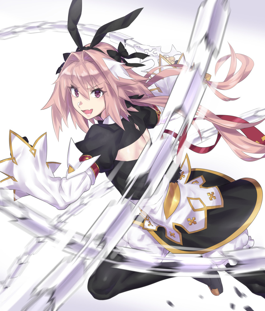 1boy absurdres alternate_legwear astolfo_(fate) astolfo_(saber)_(fate) black_bow black_gloves black_legwear black_neckwear black_ribbon bow fang fate/grand_order fate_(series) faulds gloves hair_intakes highres juliet_sleeves layered_skirt long_hair long_sleeves looking_at_viewer low_twintails mizuumi_(bb) multicolored_hair otoko_no_ko pink_hair puffy_sleeves ribbon skin_fang streaked_hair sword twintails violet_eyes weapon whip_sword white_hair wing_collar