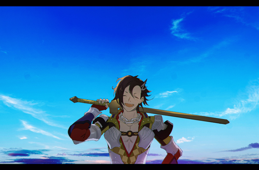 1boy absurdres black_hair blue_sky chain_necklace closed_eyes fate/grand_order fate_(series) hand_on_hip highres letterboxed male_focus mandricardo_(fate/grand_order) multicolored_hair over_shoulder parai0 sky smile streaked_hair sword weapon weapon_over_shoulder wooden_sword