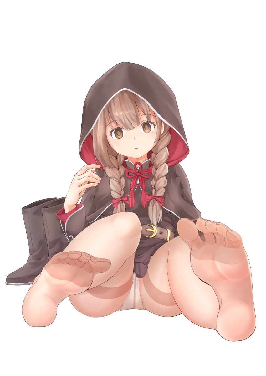 1girl absurdres belt black_capelet black_dress blush braid breasts brown_belt brown_eyes brown_hair capelet closed_mouth dress eyebrows_visible_through_hair feet fsey5372 hair_ribbon highres hood hooded_capelet kantai_collection large_breasts long_hair long_sleeves no_shoes panties panties_under_pantyhose pantyhose pleated_dress red_ribbon ribbon shinshuu_maru_(kantai_collection) simple_background solo toes twin_braids underwear white_panties