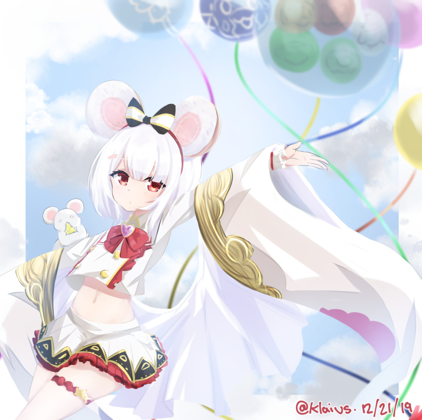 1girl animal animal_ears balloon blurry bow bowtie buttons clouds collared_shirt cowboy_shot crop_top crop_top_overhang dated detached_sleeves fake_animal_ears granblue_fantasy hair_bow hairband heart highres klaius long_sleeves looking_at_viewer midriff miniskirt navel outstretched_arms pleated_skirt rat rat_ears red_eyes shirt short_hair skirt solo stomach thigh_strap twitter_username vikala_(granblue_fantasy) white_hair white_shirt white_skirt wide_sleeves