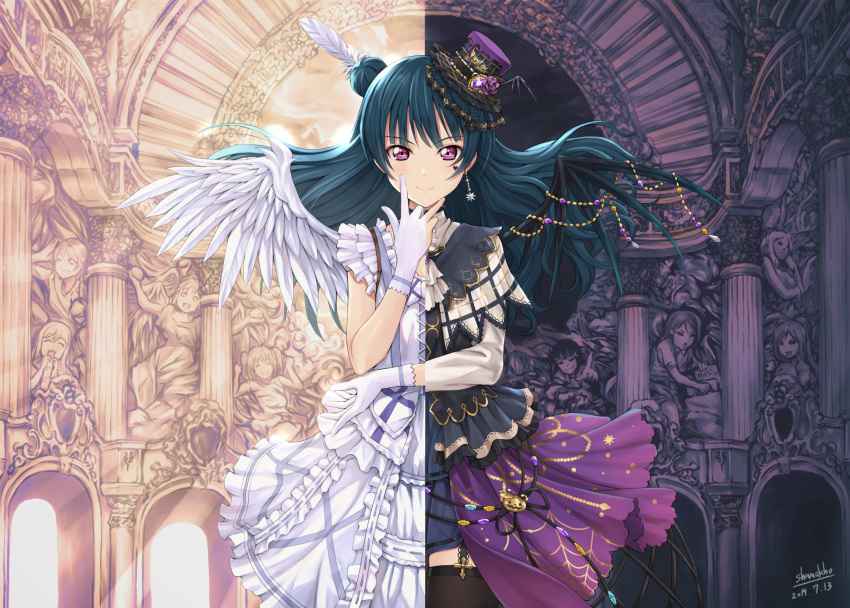 1girl angel_and_devil angel_wings artist_name bangs birthday blue_hair commentary dated demon_wings dual_persona earrings eyebrows_visible_through_hair gloves hair_bun hat heart heart_tattoo highres jewelry kunikida_hanamaru kurosawa_dia kurosawa_ruby long_hair long_sleeves looking_at_viewer love_live! love_live!_sunshine!! matsuura_kanan ohara_mari pillar pink_eyes revision sakurauchi_riko shamakho single_earring sleeveless solo split_theme statue takami_chika tattoo tsushima_yoshiko watanabe_you white_feathers white_gloves wings