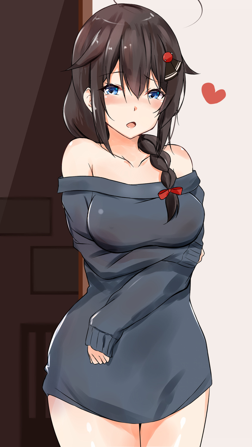 1girl absurdres ahoge black_hair blue_hair blush braid breast_hold breasts commentary_request contemporary hair_ornament hairclip heart highres kantai_collection long_hair looking_at_viewer medium_breasts open_mouth saku_(kudrove) shigure_(kantai_collection) single_braid solo