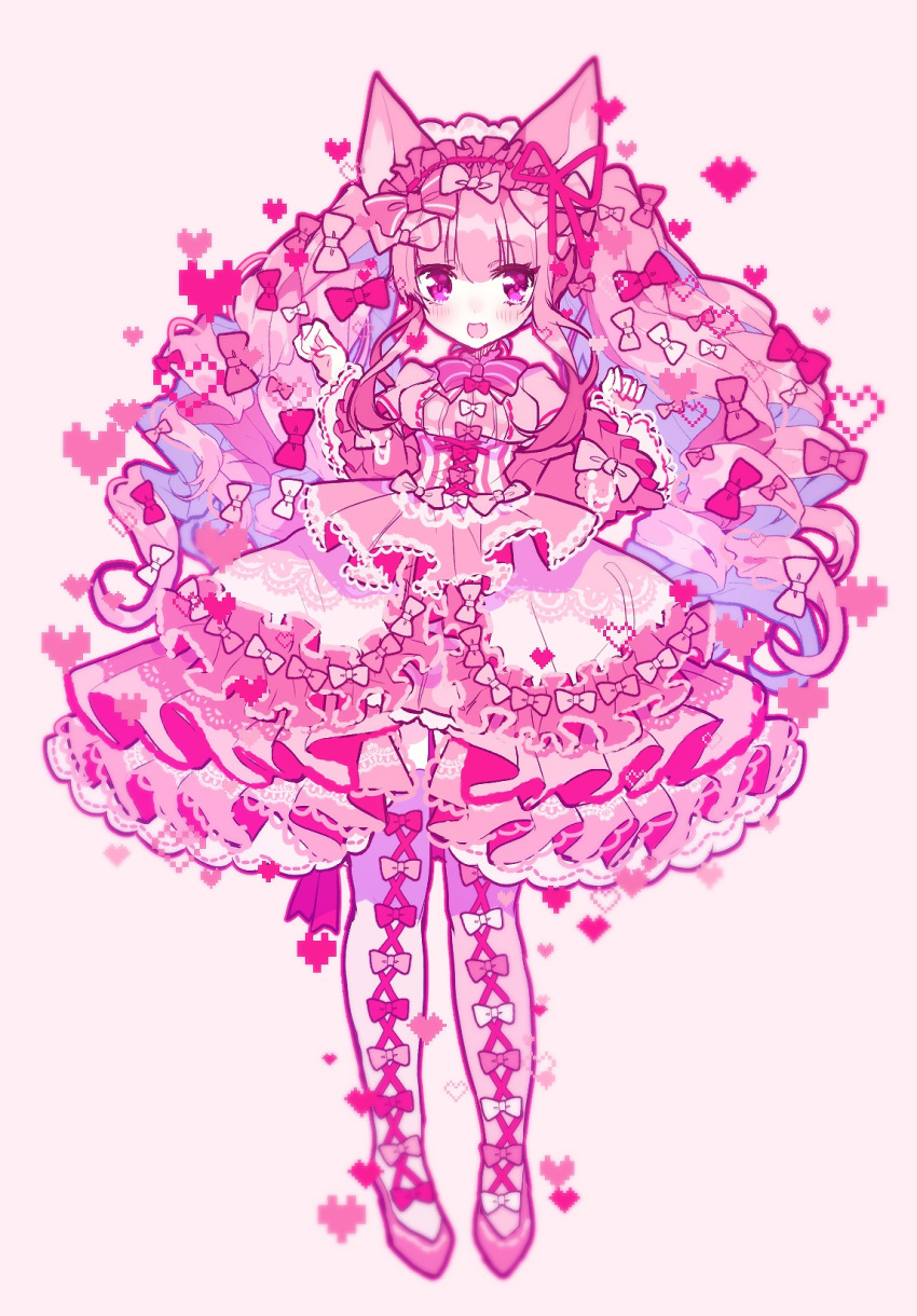 1girl :d animal_ears bangs blunt_bangs blur blush bow dress fox_ears frilled_dress frills full_body hair_bow heart highres juliet_sleeves lace-up_thighhighs layered_dress long_hair long_sleeves looking_at_viewer maid_headdress mogmogyasai open_mouth original pink_background pink_eyes pink_hair pink_theme pixel_heart puffy_sleeves shoes simple_background smile solo very_long_hair