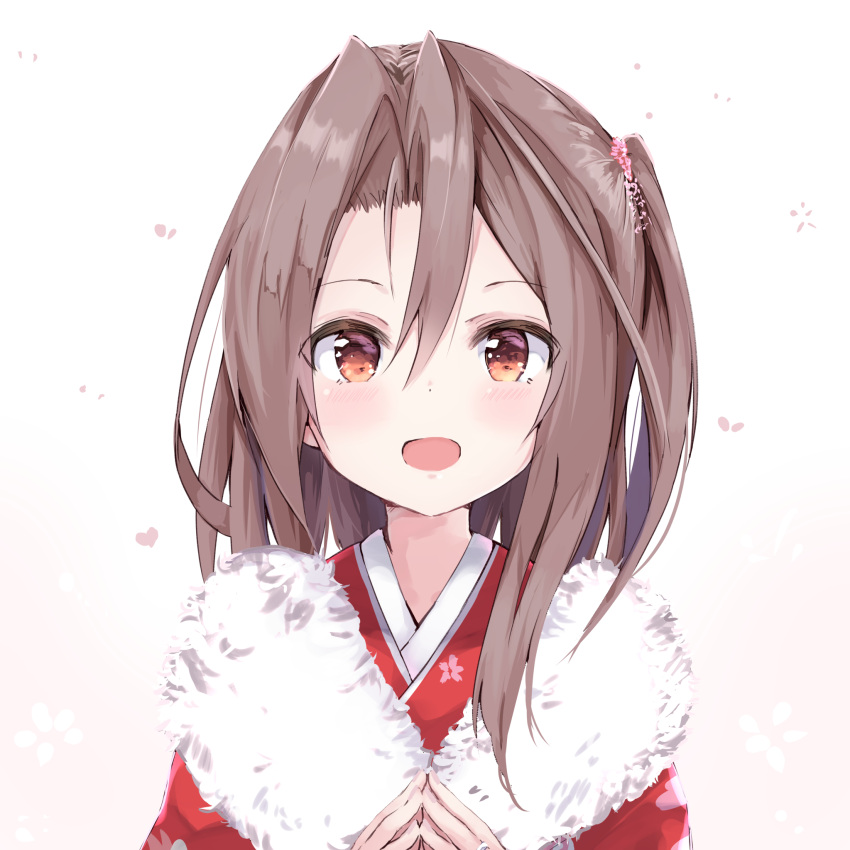1girl :d alternate_costume amano_kouki blush brown_eyes commentary_request fur-trimmed_kimono fur_trim gradient gradient_background hair_between_eyes high_ponytail highres japanese_clothes jewelry kantai_collection kimono light_brown_hair long_hair open_mouth red_kimono ring smile solo wedding_band zuihou_(kantai_collection)