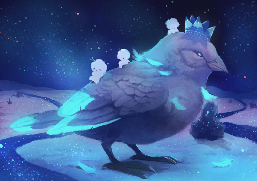 3others :d ^_^ animal bird bird_focus blue_theme closed_eyes crown feathers manino_(mofuritaionaka) multiple_others night no_humans open_mouth original smile