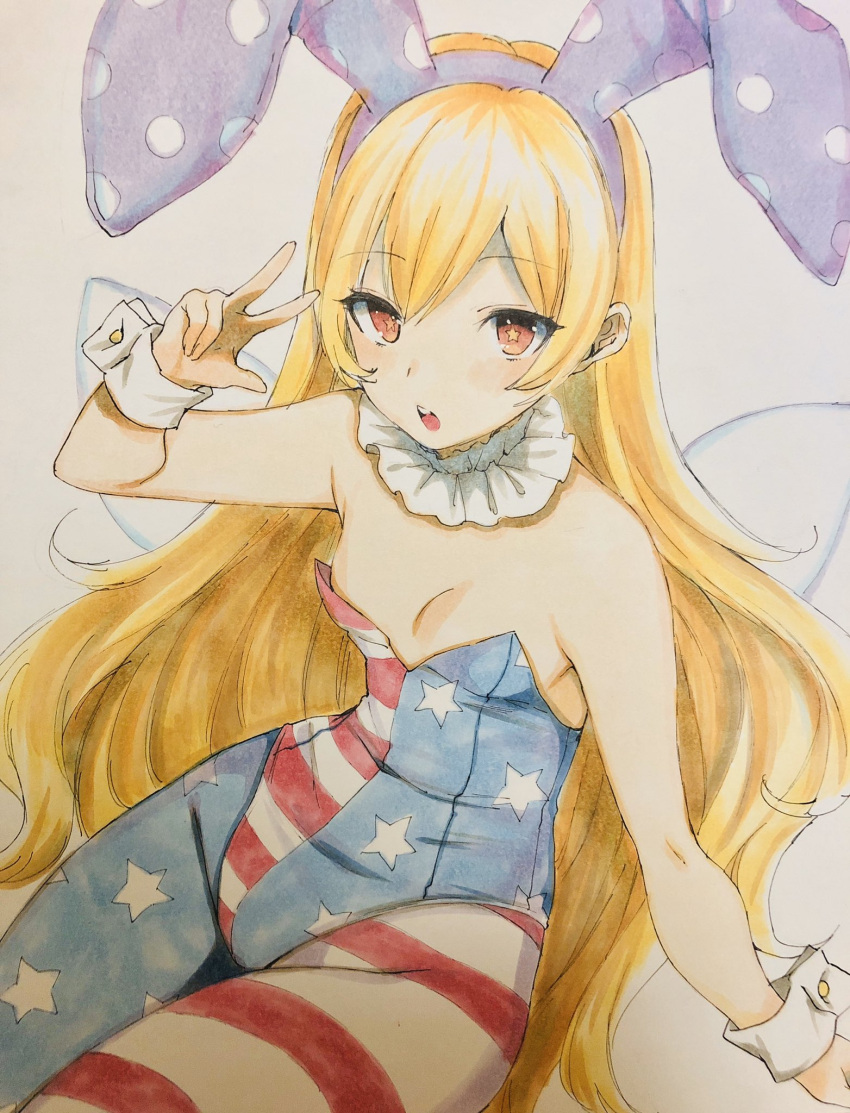 1girl adapted_costume american_flag american_flag_legwear american_flag_print animal_ears bangs bare_arms bare_shoulders blonde_hair blue_legwear blush breasts bunnysuit clownpiece commentary_request cowboy_shot eyebrows_visible_through_hair fairy_wings fake_animal_ears flag_print grey_background hairband hand_up highres leotard long_hair looking_at_viewer marota neck_ruff open_mouth pantyhose polka_dot purple_hairband rabbit_ears red_eyes red_legwear sitting small_breasts solo star star-shaped_pupils star_print strapless strapless_leotard striped striped_legwear symbol-shaped_pupils thighs touhou traditional_media very_long_hair w white_legwear wings wrist_cuffs