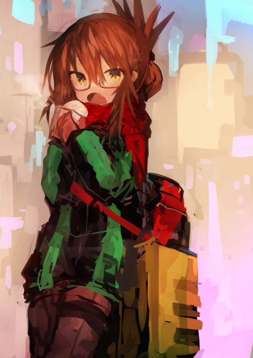 1girl absurdres alternate_costume bangs black_legwear blush brown_hair fang folded_ponytail food glasses green_jacket hair_between_eyes highres holding holding_food inazuma_(kantai_collection) jacket kaamin_(mariarose753) kantai_collection long_sleeves open_mouth ponytail red-framed_eyewear red_scarf scarf solo steam yellow_eyes