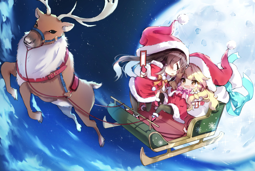 2girls aqua_ribbon black_legwear boots bow bowtie braid brown_hair capelet chibi clouds commentary_request dress full_moon hair_bow hakurei_reimu hat holding kirisame_marisa long_hair looking_at_another moon multiple_girls night night_sky open_mouth outdoors pantyhose pink_bow pink_neckwear piyokichi pom_pom_(clothes) profile red_capelet red_dress red_footwear red_headwear reindeer ribbon santa_hat single_braid sitting sky sleigh touhou white_bow yellow_bow yellow_neckwear