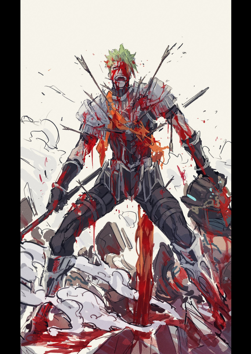 1boy achilles_(fate) armor arrow_in_body battle black_border blood blood_on_face bloody_clothes border dust_cloud fate/apocrypha fate/grand_order fate_(series) green_hair helmet highres holding holding_helmet holding_spear holding_weapon male_focus ogata_tomio polearm spear weapon
