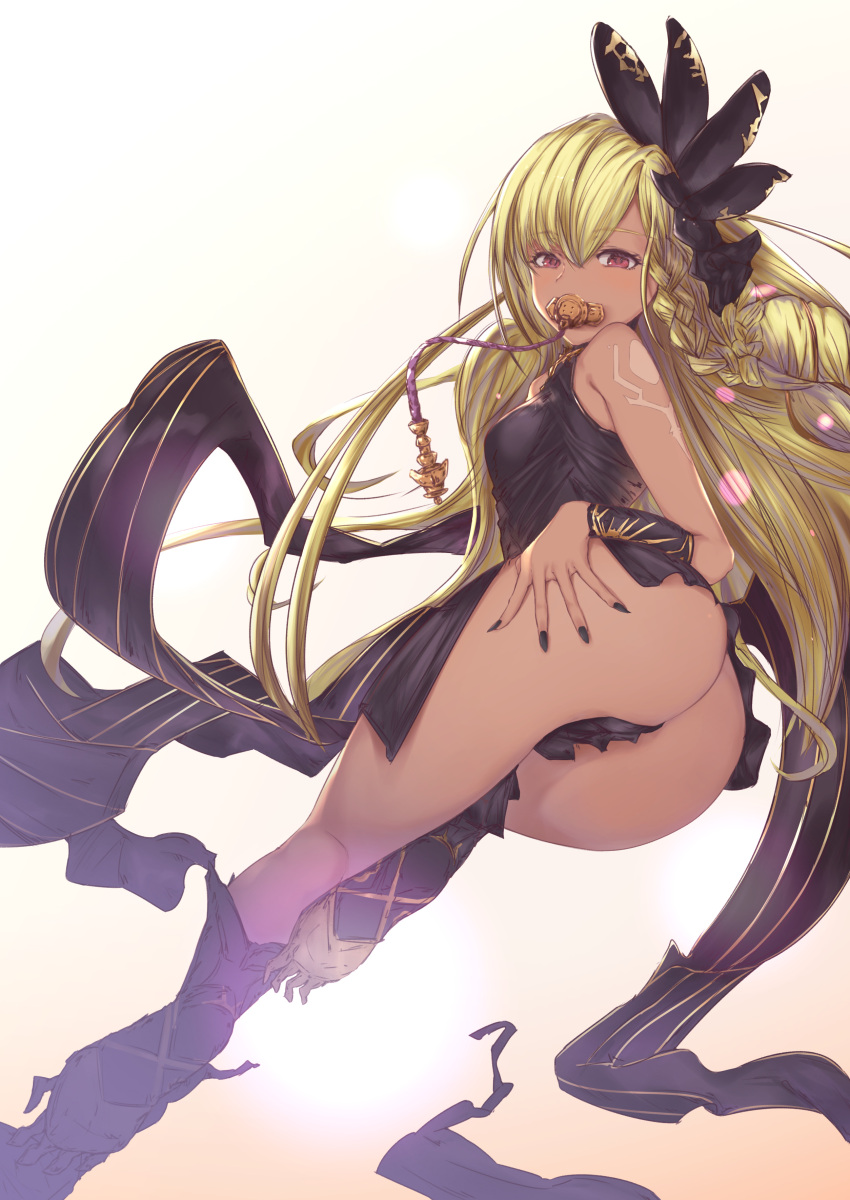 1girl 1other absurdres bangs bare_shoulders black_dress black_legwear black_nails black_ribbon blonde_hair blush braid breasts chinese_commentary commentary_request dark_skin dress fingernails full_body granblue_fantasy hair_ribbon hand_on_own_ass helel_ben_shalem highres long_hair looking_at_viewer mathiamo13 medium_breasts nail_polish pacifier red_eyes ribbon simple_background solo tattoo very_long_hair wrist_cuffs