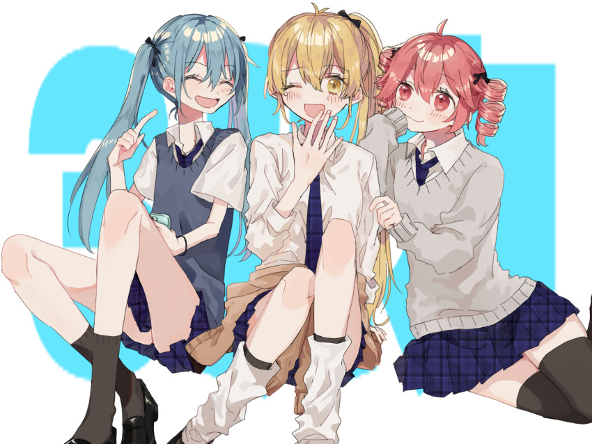 3girls ahoge akita_neru aqua_hair artist_request bangs blonde_hair blush collared_shirt commentary drill_hair happy hatsune_miku highres kasane_teto laughing multiple_girls necktie one_eye_closed open_mouth pointing ponytail pulling red_eyes redhead school_uniform shirt simple_background sitting skirt smile socks sweater thigh-highs trio triple_baka_(vocaloid) twin_drills twintails utau vocaloid yellow_eyes zettai_ryouiki