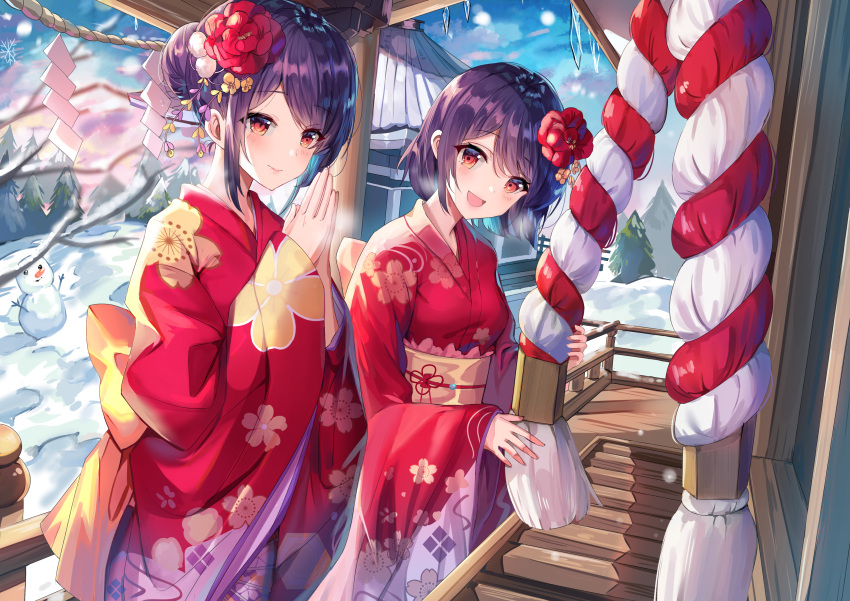 2girls :d absurdres bangs blush bow breasts character_request closed_mouth commentary_request day eyebrows_visible_through_hair floral_print flower gejigejier girl_cafe_gun hair_between_eyes hair_bun hair_flower hair_ornament hands_together highres japanese_clothes kimono long_sleeves multiple_girls new_year obi open_mouth outdoors own_hands_together palms_together print_kimono purple_hair red_eyes red_flower red_kimono sash sidelocks sleeves_past_wrists small_breasts smile snow snowing snowman standing wide_sleeves yellow_bow