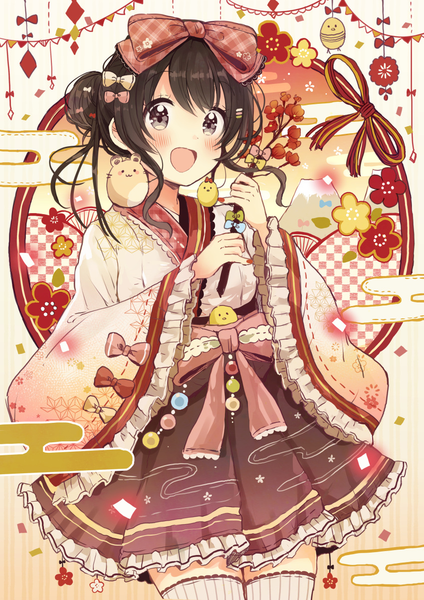 1girl :d absurdres bangs black_hair blush bow branch brown_bow brown_skirt commentary_request egasumi eyebrows_visible_through_hair flower frilled_skirt frilled_sleeves frills grey_eyes hair_between_eyes hair_bow hair_bun hands_up highres holding holding_branch japanese_clothes kimono long_sleeves open_mouth original pink_bow plaid plaid_bow pleated_skirt red_bow red_flower ribbed_legwear sakura_oriko skirt smile solo thigh-highs white_kimono white_legwear wide_sleeves