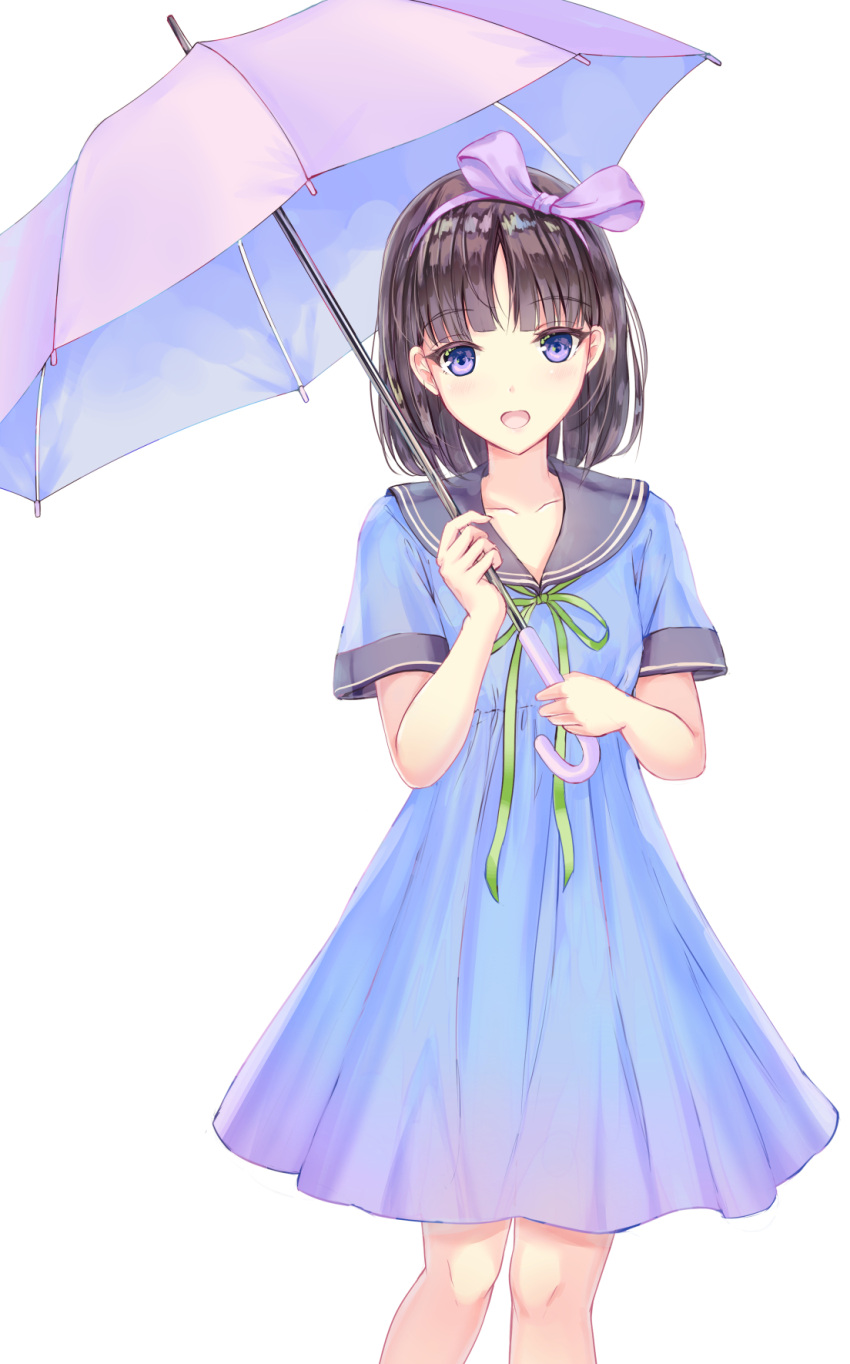 1girl bangs black_sailor_collar blue_dress blush bow breasts brown_hair collarbone dress eyebrows_visible_through_hair green_ribbon hair_bow hairband highres holding holding_umbrella looking_at_viewer missile228 neck_ribbon open_mouth original purple_bow purple_hairband purple_umbrella ribbon sailor_collar sailor_dress short_sleeves small_breasts solo umbrella violet_eyes