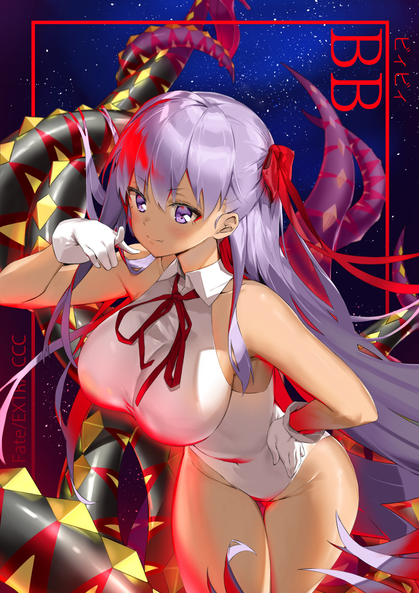 1girl absurdres bangs bb_(fate)_(all) bb_(swimsuit_mooncancer)_(fate) black_coat blush breasts fate/grand_order fate_(series) gloves hair_ribbon highres large_breasts leotard long_hair looking_at_viewer neck_ribbon pixel_(yuxian) purple_hair red_ribbon ribbon smile solo very_long_hair violet_eyes white_gloves white_leotard