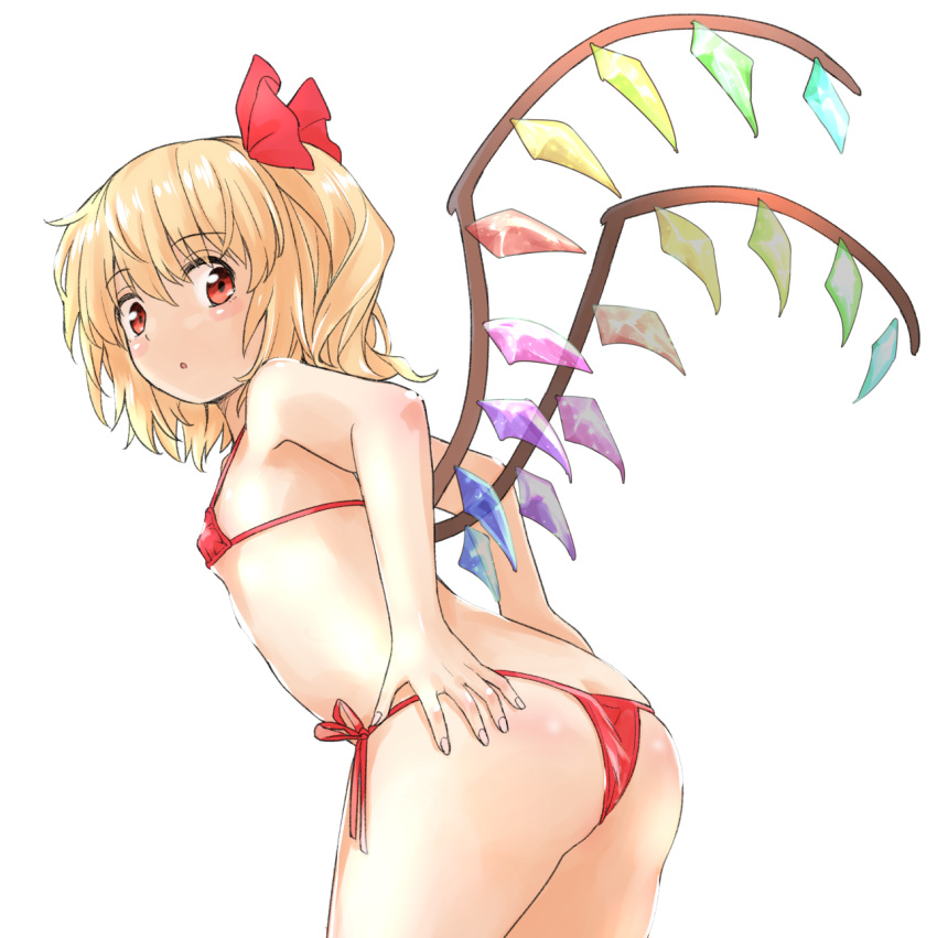 1girl :o ass bangs bare_arms bare_shoulders bikini blonde_hair blush breasts commentary_request cowboy_shot crystal eyebrows_visible_through_hair flandre_scarlet hair_between_eyes hair_ribbon highres leaning_forward looking_at_viewer looking_back micro_bikini nibi no_hat no_headwear one_side_up parted_lips partial_commentary red_bikini red_eyes red_ribbon ribbon short_hair side-tie_bikini simple_background small_breasts solo standing swimsuit thighs touhou white_background wings