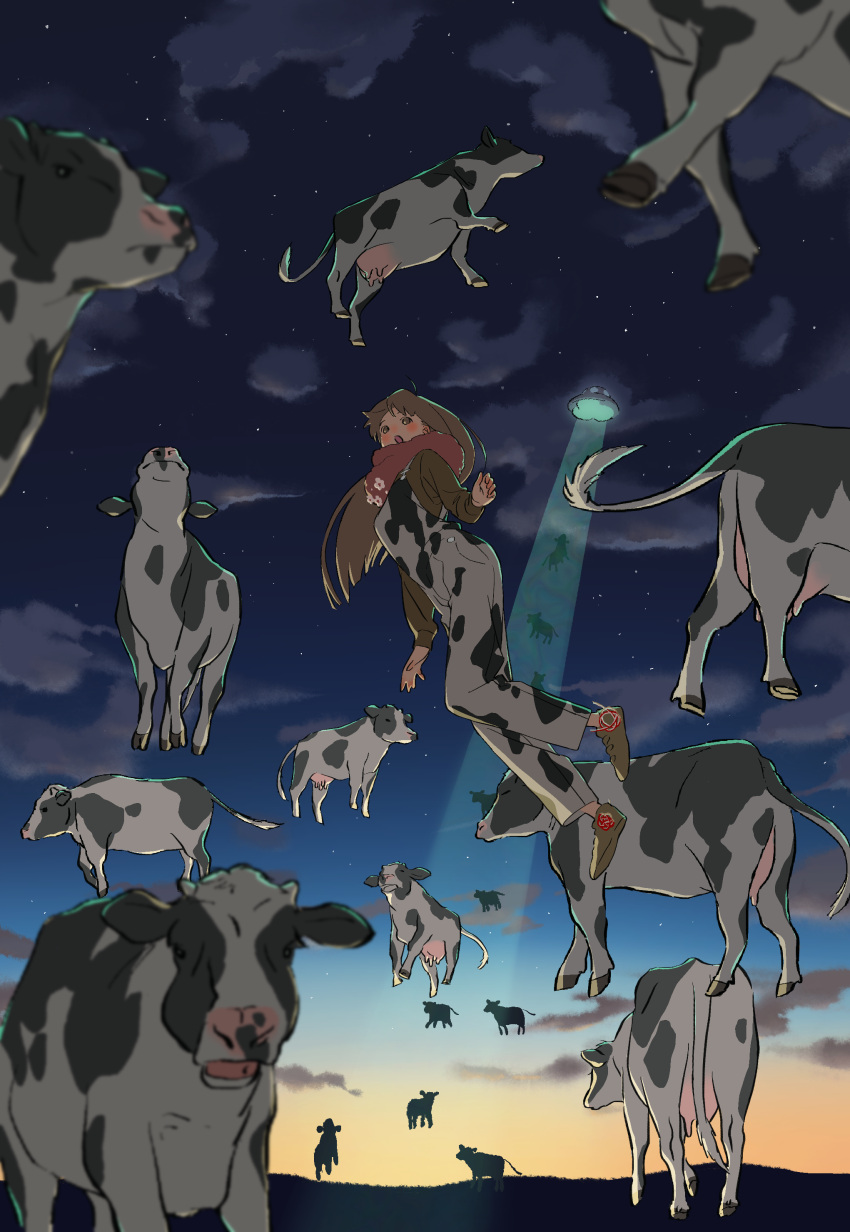 1girl abduction absurdres animal_costume animal_print blurry blush brown_eyes brown_hair brown_sweater clouds commentary_request cow cow_costume cow_print depth_of_field english_commentary floating gradient_sky highres horizon long_hair long_sleeves midair mixed-language_commentary night no_pupils open_mouth original outdoors overalls print_overalls red_scarf scarf shiki_haru sky solo star_(sky) starry_sky sunrise sweater udder ufo