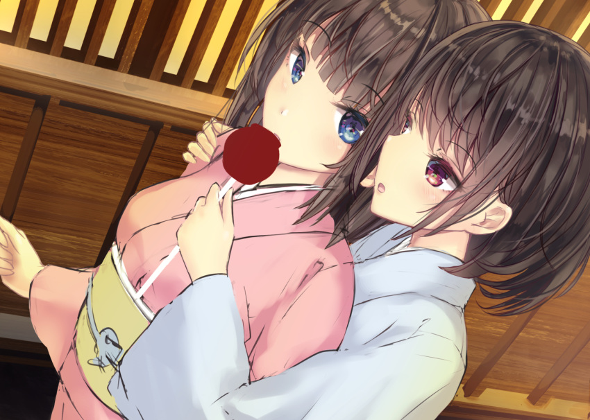 2girls bangs blue_eyes blue_kimono blush breasts brown_hair candy_apple dutch_angle eyebrows_visible_through_hair feeding food holding holding_food japanese_clothes kimono long_hair long_sleeves missile228 multiple_girls obi original parted_lips pink_kimono red_eyes sash small_breasts upper_body wide_sleeves yuri