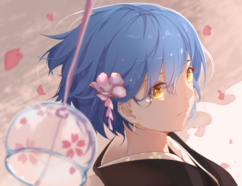 1girl bangs black_kimono blue_hair blurry blurry_foreground commentary_request depth_of_field earrings eyebrows_behind_hair flower hair_between_eyes hair_flower hair_ornament japanese_clothes jewelry kimono looking_at_viewer looking_to_the_side original parted_lips petals pink_flower short_hair solo taka_(0taka) upper_body wind_chime yellow_eyes