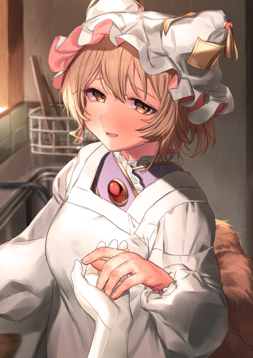 2girls absurdres blonde_hair blush breasts brown_eyes commentary_request dress female_pov fox_tail gloves hat highres indoors kappougi long_sleeves looking_at_viewer masanaga_(tsukasa) medium_breasts multiple_girls parted_lips pillow_hat pov pov_hands short_hair solo_focus tail touhou upper_body white_dress white_gloves white_headwear yakumo_ran yakumo_yukari