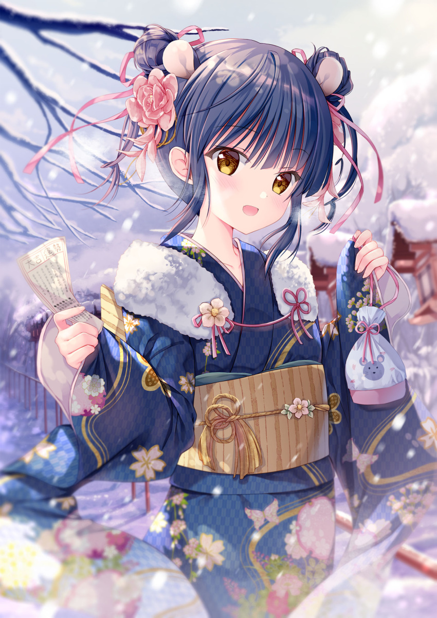 1girl animal_ears blue_hair blue_kimono blurry blurry_background blush chinese_zodiac commentary_request double_bun eyebrows_visible_through_hair floral_print flower fur_trim hair_between_eyes hair_flower hair_ornament hair_ribbon highres holding holding_paper holding_pouch japanese_clothes kimono looking_at_viewer mouse_ears obi omikuji open_mouth orange_eyes original outdoors paper pouch ribbon sash short_hair sidelocks smile snow solo sousouman year_of_the_rat