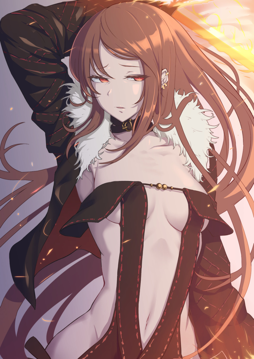 1girl bangs black_choker black_dress black_jacket breasts brown_hair center_opening choker collarbone consort_yu_(fate) dress ear_piercing earrings fate/grand_order fate_(series) fur-trimmed_jacket fur_trim highres jacket jewelry long_hair long_sleeves looking_to_the_side medium_breasts multiple_earrings navel nigane open_clothes open_jacket open_mouth parted_lips piercing red_eyes revealing_clothes ribbon-trimmed_dress solo strapless strapless_dress sword very_long_hair weapon