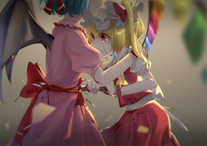 2girls absurdres arms_up bat_wings blonde_hair blood bloody_clothes bloody_hands bloody_wings blue_hair blurry_foreground chinese_commentary clenched_teeth commentary_request cowboy_shot cravat crying crying_with_eyes_open dagger expressionless flandre_scarlet gaanzi glowing glowing_eyes grey_background hands_on_another's_shoulders hat head_out_of_frame highres holding holding_knife impaled knife mob_cap multiple_girls pink_shirt pink_skirt puffy_short_sleeves puffy_sleeves red_eyes red_skirt red_vest remilia_scarlet sash shirt short_hair short_sleeves siblings side_ponytail sisters skirt skirt_set stabbing streaming_tears tears teeth touhou vest weapon white_shirt wings wrist_cuffs yellow_neckwear