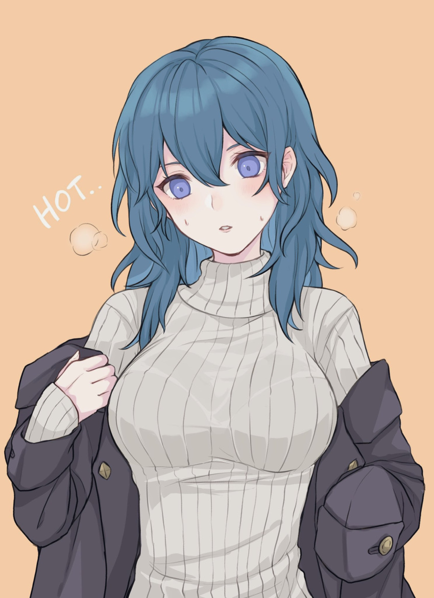 1girl akina_(akn_646) blue_eyes blush breasts byleth_(fire_emblem) byleth_eisner_(female) cowboy_shot english_text fire_emblem fire_emblem:_three_houses green_hair grey_sweater hair_between_eyes highres jacket large_breasts long_hair removing_jacket ribbed_sweater solo sweat sweater tan_background turtleneck turtleneck_sweater