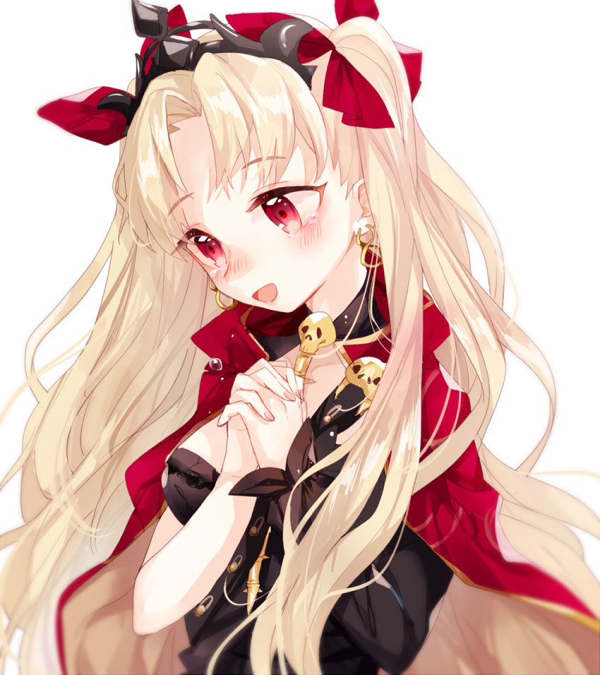 :d asymmetrical_sleeves bangs between_breasts black_bow blonde_hair blurry blush bow breasts cape commentary_request detached_collar earrings ereshkigal_(fate/grand_order) fate/grand_order fate_(series) gold_trim hair_intakes hair_ribbon hands_clasped hands_up highres infinity interlocked_fingers jewelry long_hair medium_breasts mokyuko multicolored multicolored_cape multicolored_clothes open_mouth own_hands_together parted_bangs red_cape red_eyes red_ribbon ribbon single_sleeve skull skull_necklace smile tears two_side_up upper_body very_long_hair white_background wrist_bow yellow_cape