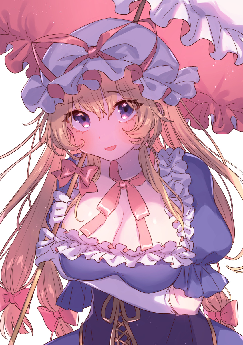 1girl :d absurdres bangs blonde_hair blush bow breasts choker commentary_request corset dress eyebrows_visible_through_hair frills gloves hair_between_eyes hair_bow hat hat_ribbon highres holding holding_umbrella large_breasts long_hair looking_at_viewer masanaga_(tsukasa) mob_cap open_mouth pink_bow pink_choker pink_ribbon puffy_short_sleeves puffy_sleeves purple_dress ribbon ribbon_choker short_sleeves simple_background smile solo touhou umbrella upper_body violet_eyes white_background white_gloves white_headwear yakumo_yukari