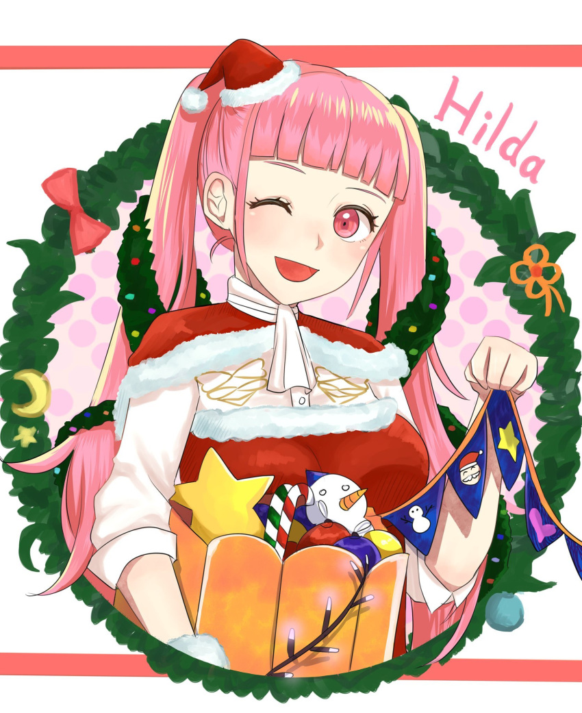 1girl candy candy_cane character_name christmas_ornaments fire_emblem fire_emblem:_three_houses food fur_trim hat highres hilda_valentine_goneril long_hair mini_hat one_eye_closed open_mouth otokajife pink_eyes pink_hair pom_pom_(clothes) red_headwear santa_costume santa_hat solo star twintails upper_body