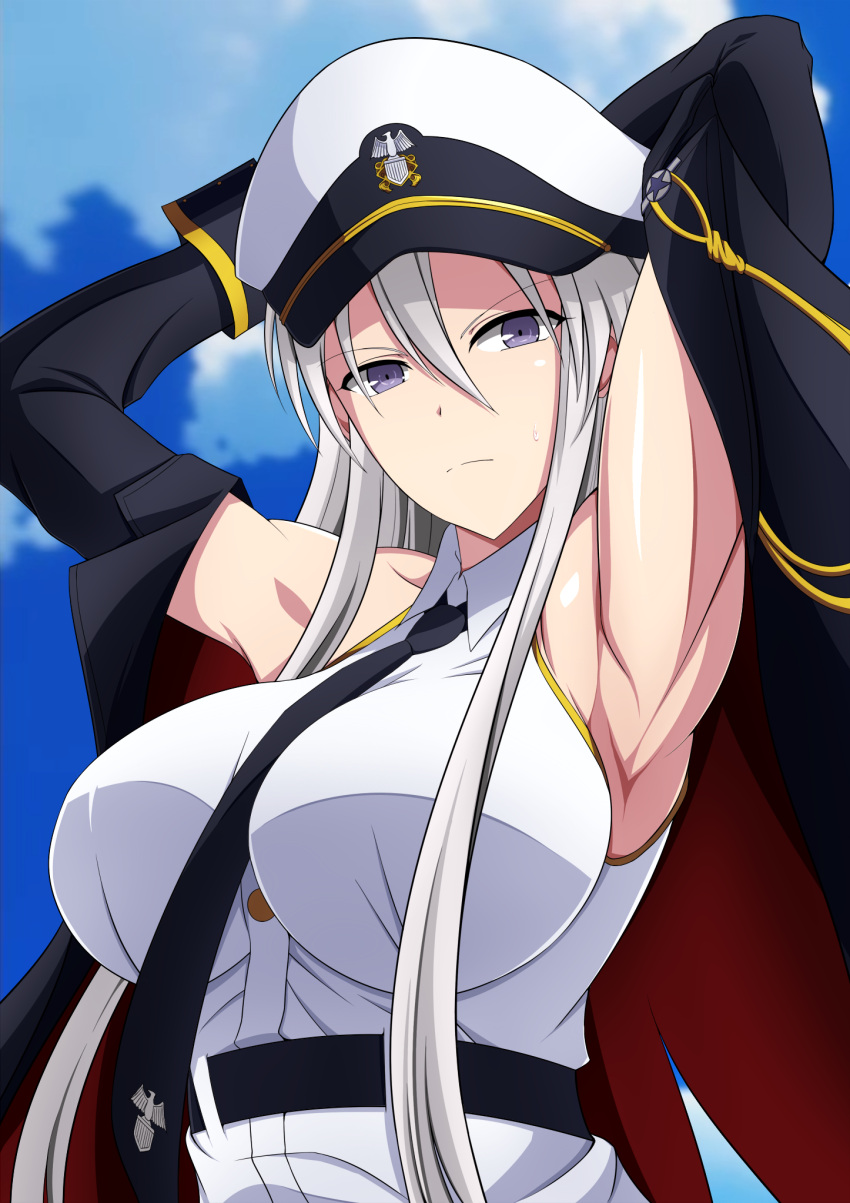 1girl armpits arms_behind_head arms_up azur_lane bangs bare_shoulders belt between_breasts black_belt black_coat black_neckwear blurry blurry_background breasts clouds coat collared_shirt commentary_request day emblem enterprise_(azur_lane) eyebrows_visible_through_hair frown hat highres large_breasts long_hair looking_at_viewer military_hat necktie necktie_between_breasts open_clothes open_coat peaked_cap print_neckwear shirt sho-chan silver_hair sky sleeveless sleeveless_shirt solo star sweatdrop upper_body violet_eyes white_headwear wrist_cuffs